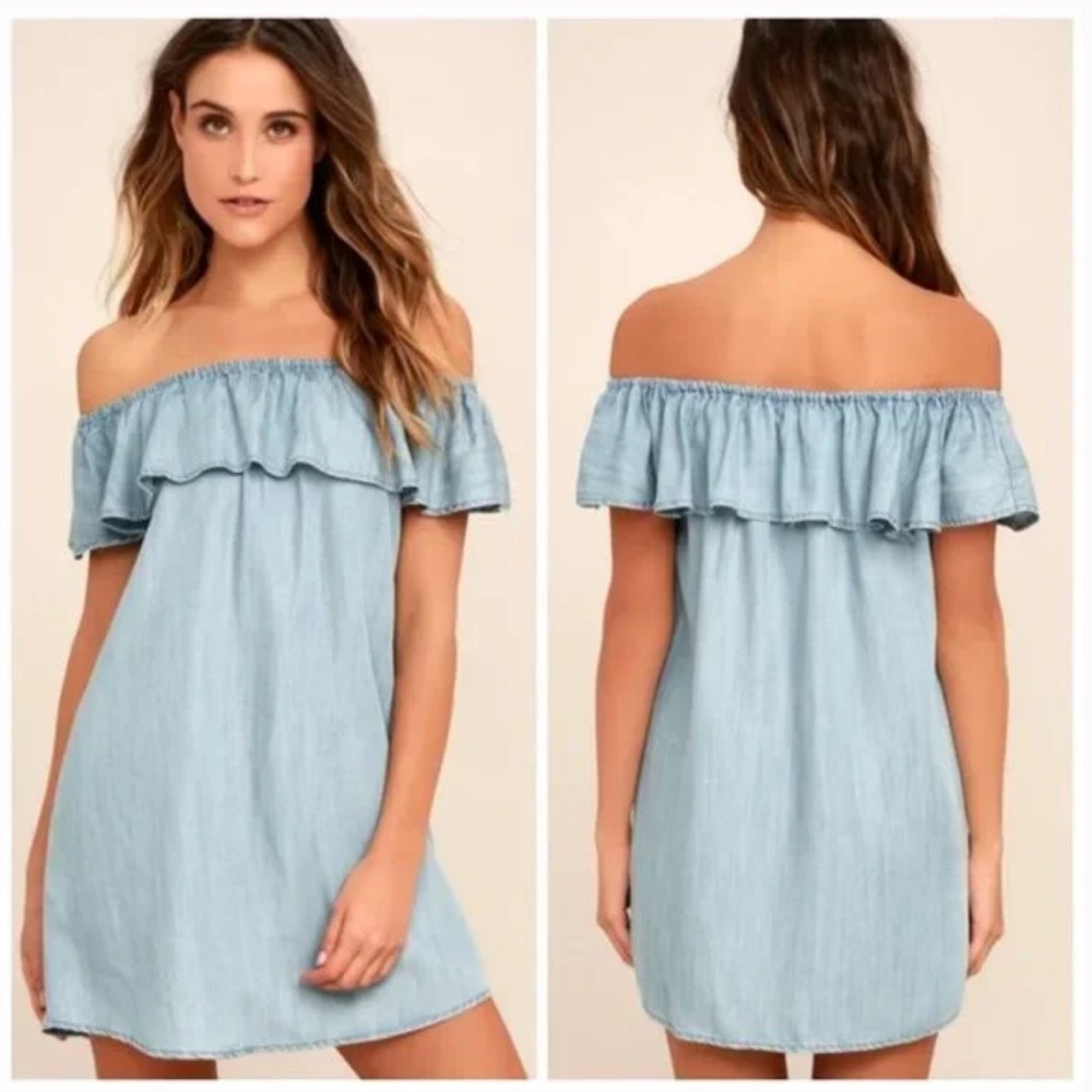 NWT LULUS Standout Light Blue Chambray Off the Shoulder Mini Dress Dress Medium